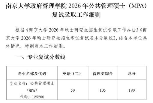 南京大学政府管理学院2026年公共管理硕士（MPA）复试录取工作细则